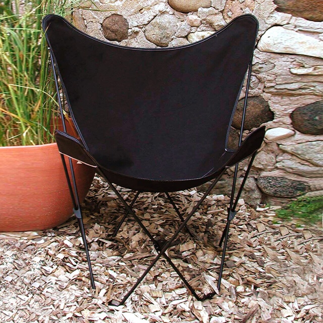 CC Outdoor Living 35" Retro Style Outdoor Patio Butterfly Chair with Black Cotton Duck Fabric Cover